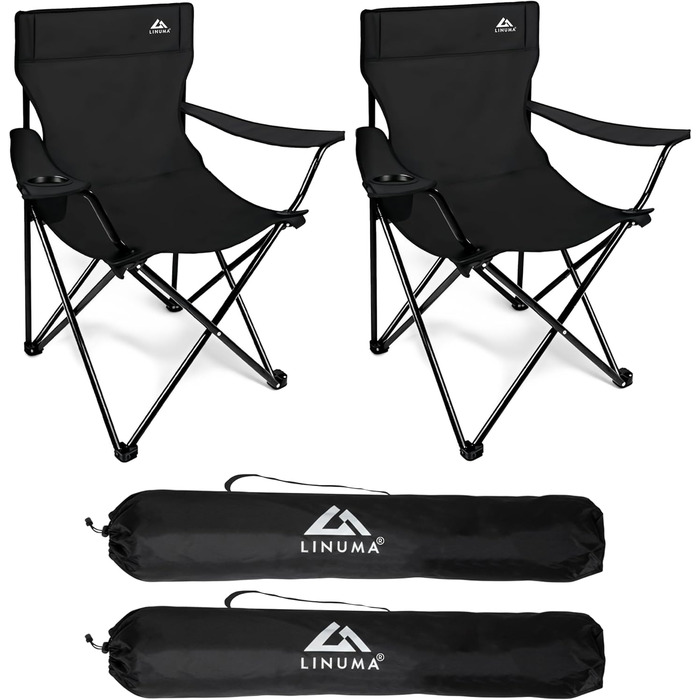 LINUMA® 2 шт. Складний стілець для риболовлі та кемпінгу - чорний, з підстаканником та сумкою для перенесення. Стілець для відпочинку, саду, риболовлі.