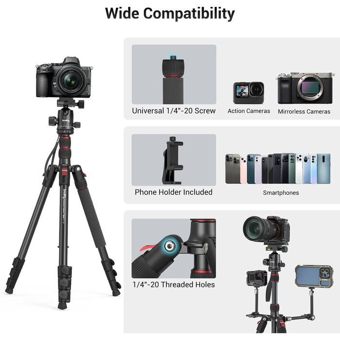 SMALLRIG 71' Штатив для камери, розкладний, з кульковою головкою 360°, швидкознімною платформою та кріпленням для смартфона, вантажопідйомність 15 кг, 180 см - 3935