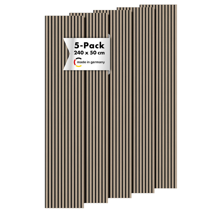 Акустичні панелі Momento з натурального дуба 240x50 см, набір 5 шт. — 3D ламельна стінова облицювання для шумоізоляції, колір Дуб Натуральний, чорний фетр (Made in Germany)