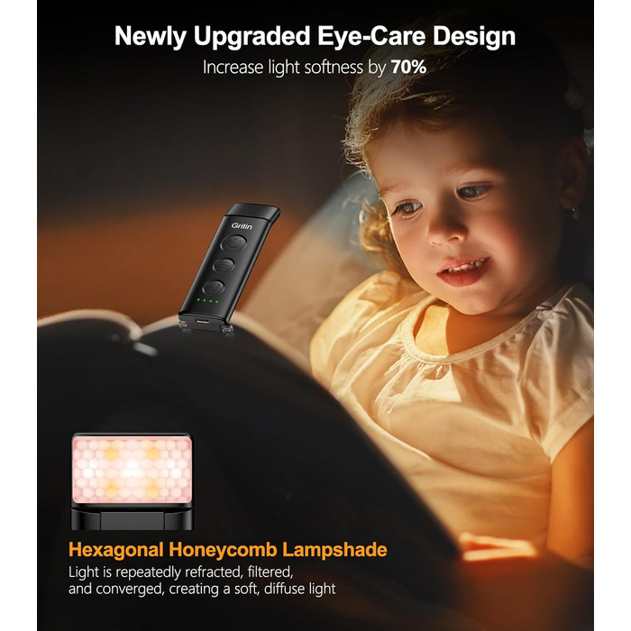 LED Кліпса для читання Gritin: USB-лампа, 3 кольори, регулювання яскравості, для книголюбів (біла/чорна)