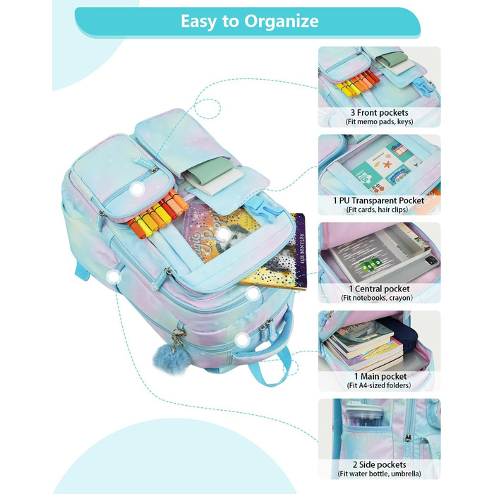 Рюкзак для дівчинки Tanou - шкільний ранець для 1-4 класів, дихаючий, водовідштовхуючий, нейлон, блакитний