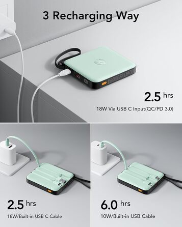 Power Bank VRURC 10000mAh з кабелем: компактний акумулятор USB-C, швидка зарядка 22.5W, LED-дисплей, сумісний з iPhone, Huawei