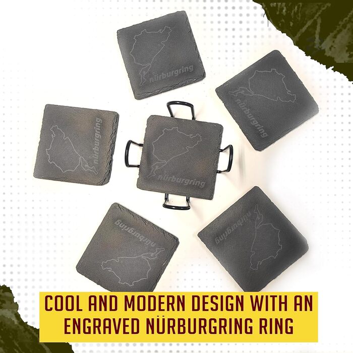 Nürburgring Coasters for Drinks, 6-Piece Set - Coasters made of slate, for home and the dining room, decoration, racing fans