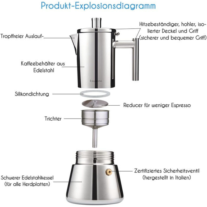 Easyworkz Diego Espresso Maker for Stove, Stainless Steel, Italian Coffee Machine, Moka Pot for 6 Cups, 300 ml Espresso Pot for Induction Silver