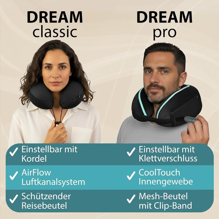 Подушка для шиї FlowZoom Dream Classic з регульованою підтримкою та знімним шнуром - подушка для подорожей у літак з піною Memory Foam - з чохлом та подарунковою упаковкою - Чорний