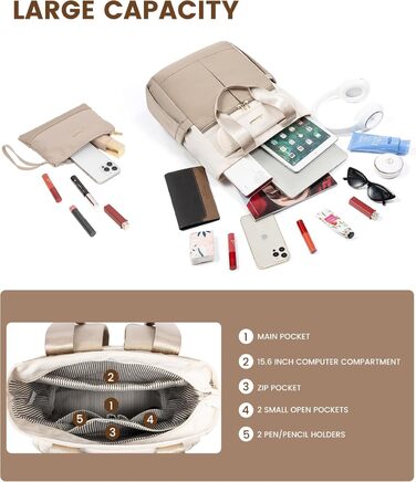 LOVEVOOK Рюкзак для жінок, великий, 15.6 дюймів, рюкзак для ноутбука, шкільний рюкзак для підлітків, водонепроникний, сумка для роботи, сумка-тоут 2 в 1, сумка для вчителя, рюкзак для подорожей, університету, бізнесу, бежевий хакі