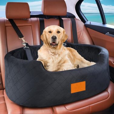 Dog Car Seat for Medium/Large Dogs (Up to 25 kg) or 2 Small Dogs - with Safety Leashes & Washable Cushion - Black Rear Seat Cover