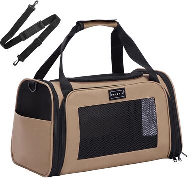 Транспортна переноска для котів та маленьких собак Petsfit, легка сумка-переноска для собак та котів, підходить для подорожей літаком, з ременем безпеки та розширеним килимком, S/Khaki