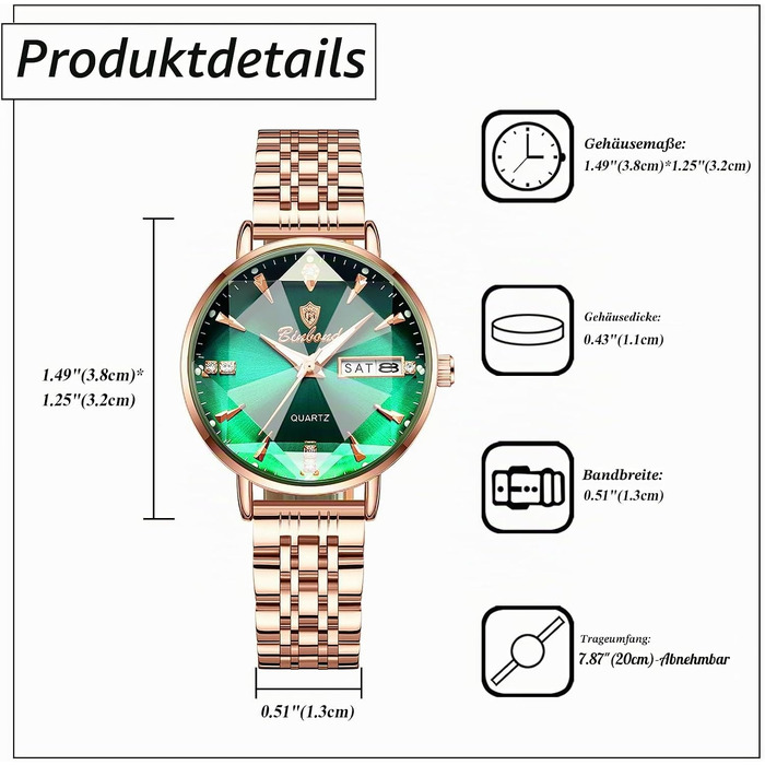 Жіночий наручний годинник JewelryWe Rosegold: кварцовий аналоговий годинник зі сталі, водонепроникний (30м), з календарем, підсвічуванням стрілок та граненим склом, колір Rosegold-Зелений
