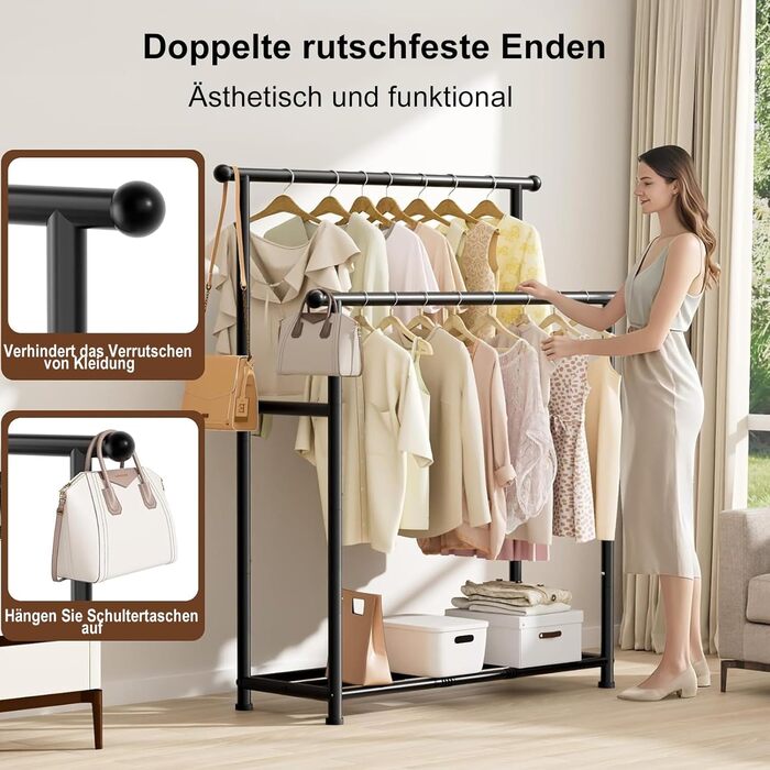 MISSLO Двоярусна вішалка для одягу, міцна, переносний гардероб для спальні, вітальні (чорний)