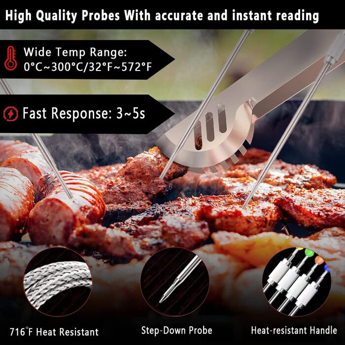 Uzone Wireless Meat Thermometer, Digital Bluetooth Thermometer with APP 100m Remote Monitoring, Grill Thermometer for Smoker Roasting BBQ Oven Thermometer, LCD Backlit Screen, 4 Probes (Probe)