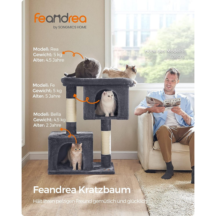 Feandrea Cat Tree, 84 cm Cat Tree, L, Cat House for Large Cats up to 7 kg, Large Platform, 2 Cat Caves, Sisal Posts, PCT61W (XL (68 x 48 x 101 cm), Smoke Gray)