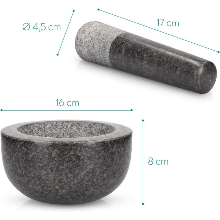 Navaris Granite Mortar and Pestle Set - Large Stone Mortar & Pestle for Spices, Pesto, Herbs - Includes Stamper with Mallet - Ø 16cm
