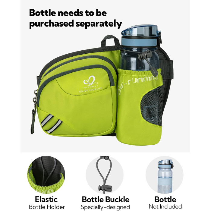 Спортивна поясна сумка Waterfly з тримачем для пляшки, для жінок та чоловіків, дихаюча, для бігу, велоспорту, кемпінгу, подорожей та активного відпочинку (світло-зелена)