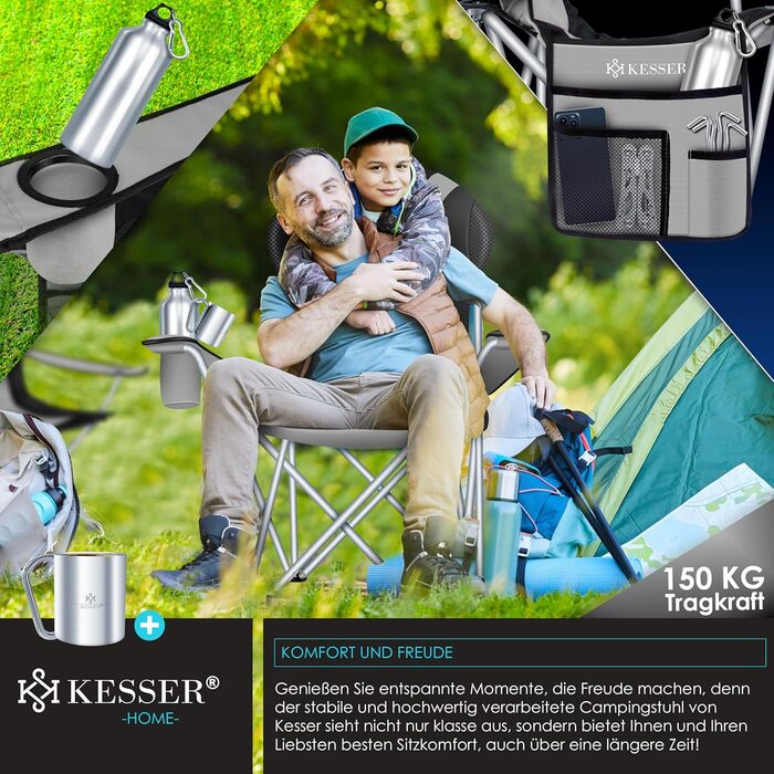 Крісло кемпінгове складне KESSER® до 150 кг, з підлокітниками, високою спинкою, сіре/чорне. З підсклянником та сумкою