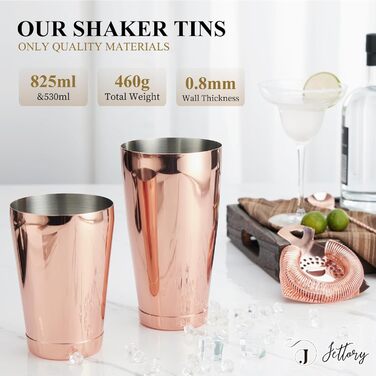 Набір шейкерів Boston - 16 предметів, нержавіюча сталь, рожеве золото, з акриловою основою, сито, щипці для льоду, барна ложка, мірний стакан, мадлер, виливач для пляшок та коктейльні шпажки