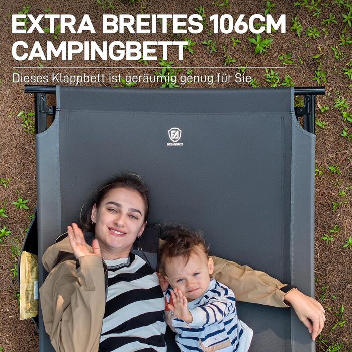 Розкладне ліжко EVER ADVANCED для кемпінгу: 214x106 см, 300 кг, XXL, стабільне, для відпочинку на природі та вдома, зелений/сірий