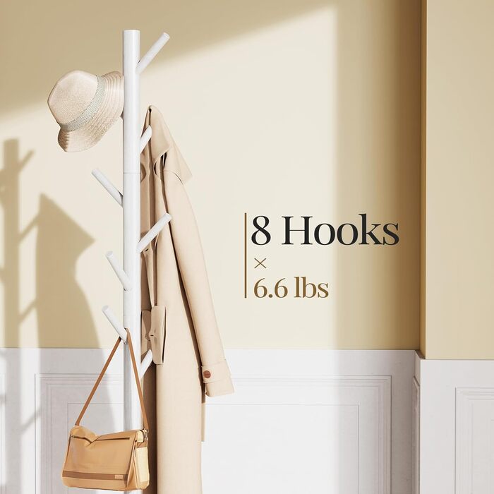 Freestanding Coat Rack with 3 Adjustable Heights & 8 Hooks, Sturdy Wooden Clothes Rack for Clothing, Hat, Used in Bedroom/Office/Entryway, White