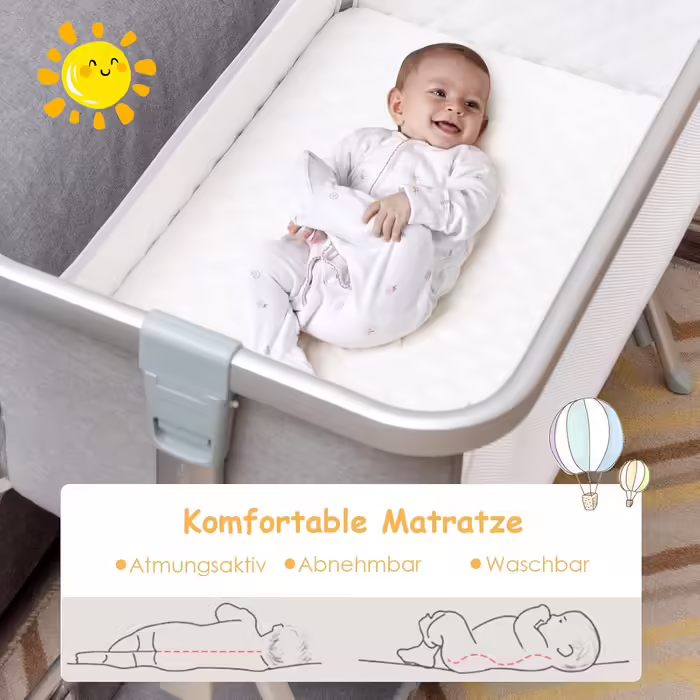 COSTWAY 2-in-1 Side Sleeper Bed & Travel Bed, Folding, Baby Cot with 7-Level Adjustable Height, Portable Baby Bed with Safety Belt, Mesh Windows, Mattress, Under-Bed Basket & Wheels (Dark Grey)