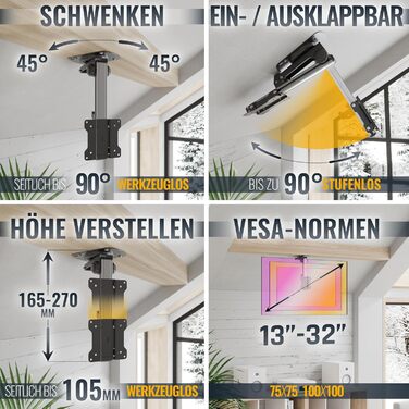 Кронштейн для телевізора стельовий поворотний RICOO 13-32 дюйми VESA 100x100 для плоских, Smart OLED та вигнутих телевізорів