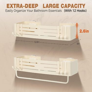 Сучасна душова полиця Lekesky, стійка до іржі, 2 шт, Gunmetal Grey, алюміній, на присосках, без свердління, з 12 гачками (кремовий - з тримачем для рушників, прямокутна)