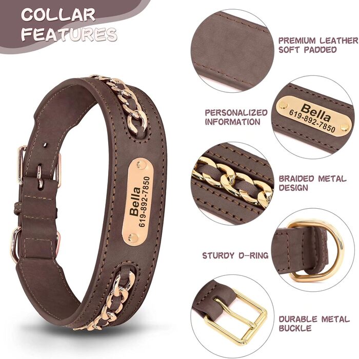 Нашийник для собак Didog з натуральної шкіри, плетений, з персоналізованою гравіюваною табличкою, регульований, міцний, чорний, розмір L (17.0-20.0 см, ширина 3.2 см)