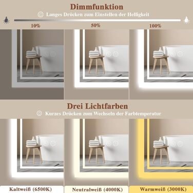 Дзеркало для ванної кімнати з підсвічуванням LED, антизапітніння, сенсорний вимикач, регулювання яскравості, 3 кольори світла, овальне, 50x70 см