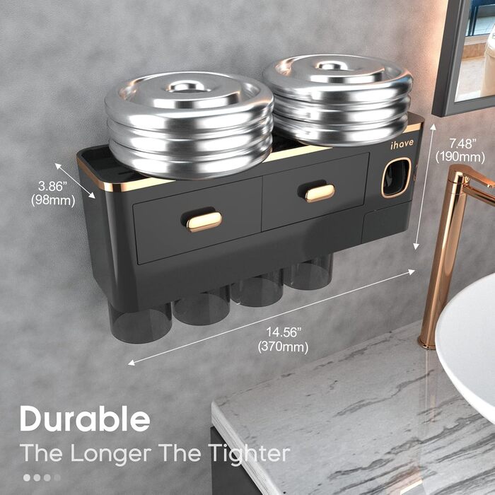 IHave Toothbrush Holder Wall-Mounted, Bathroom Toothbrush Holder with Toothpaste Dispenser, 3 Cup Toothbrush Holder with Drawer, Large Capacity Toothbrush Organizer Bathroom (4 Cups, Black Gold)