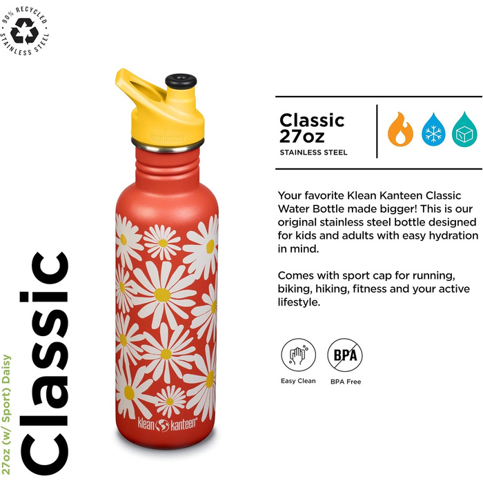 Klean Kanteen Classic Water Bottle, Daisies, 800 ml