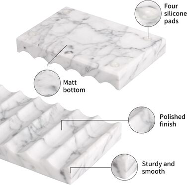 Склянка для мила з мармуру з отвором Carrara: прямокутна, хвиляста, самостійно спорожняється, для ванної кімнати та кухні