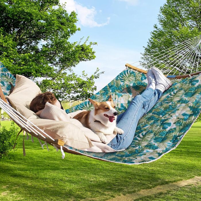 Bathonly Large Outdoor Double Hammock for 2 People, 3m Double Hammock, Quilted Fabric Swing with Foldable Curved Rod, Detachable Pillow, Carry Bag, Holds up to 204 kg (Blueleaves)