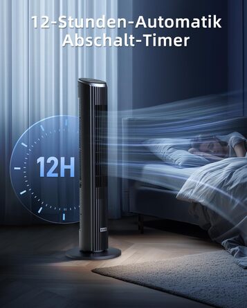 Вентилятор Tower Leiser для спальні, підлоговий з пультом, 90° поворот, 4 швидкості, 3 режими, таймер 12 год, LED-дисплей, 91 см, чорний