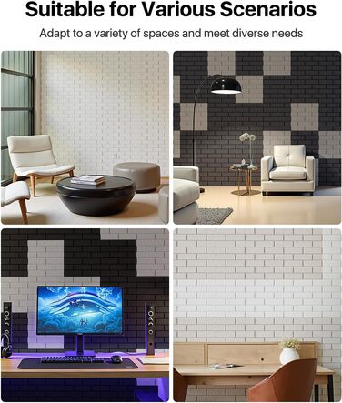 Самоклеючі акустичні панелі для шумоізоляції стін, звукопоглинаючі плити цегляного типу, 30x30x0.9 см, чорні, 12 шт (4 кг)