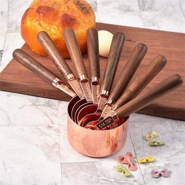 8-Piece Stainless Steel Measuring Spoon Set with Walnut Handle, Copper Measuring Cup Set for Baking and Cooking