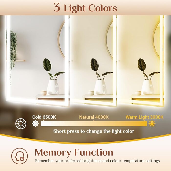 Дзеркало для ванної кімнати Clevich з підсвічуванням 70x50 см, LED, 3 кольори світла, регулювання яскравості, захист від вибуху, сенсорне керування, пам'ять, антизапар, для ванної кімнати