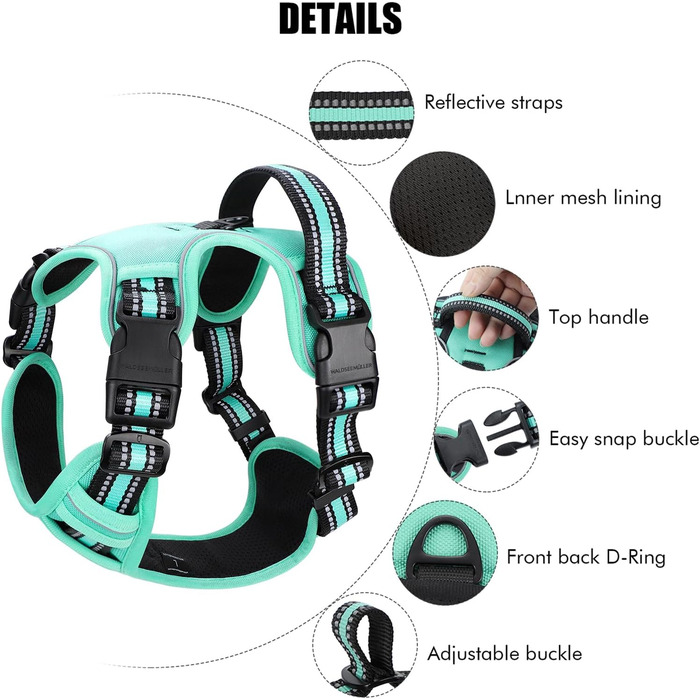 Нашийник для собак No-Pull, грудна шлейка для маленьких, середніх та великих собак - м'яка, дихаюча, регульована, світловідбиваюча, проти потягування з м'яким тримачем (L, блакитний)