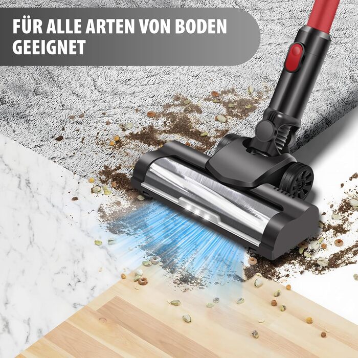 Бездротовий акумуляторний пилосос з антизаплутувальною насадкою, фільтрація 99,999%, для автомобіля та будь-яких поверхонь (червоний, незнімний акумулятор)