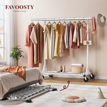 Стійка для одягу на колесах FAVOOOSTY, металева, мобільна, до 200 кг, швидка збірка, білий колір, 1 перекладина