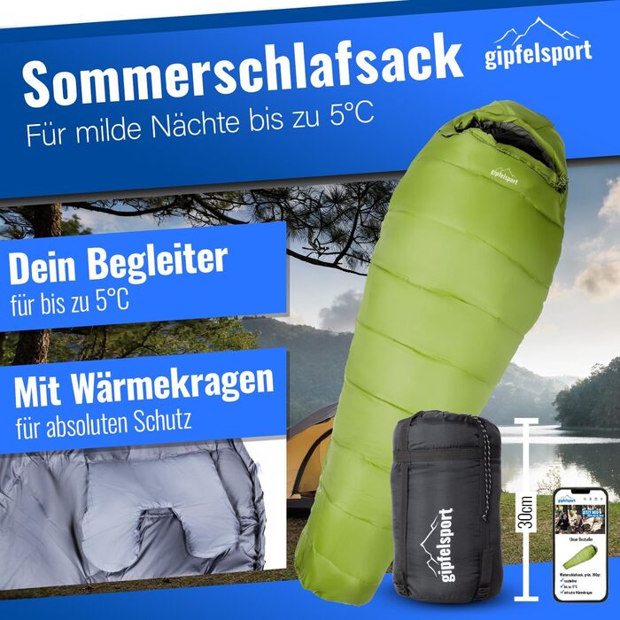 Сплячий мішок Gipfelsport Ultraleicht 4 сезони [-20°C до 15°C] | Чорний/Зелений, ультралегкий, для трекінгу, кемпінгу та подорожей