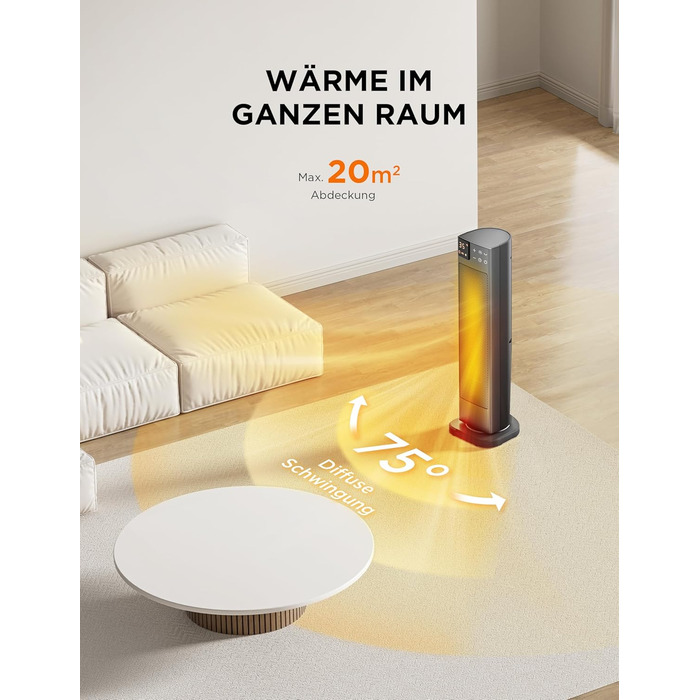 Електричний обігрівач Midea Ceramic 2000W з термостатом, 3 режими, таймер 24г, захист від перегріву та перекидання, миттєве тепло для офісу та спальні (сірий, 58см)