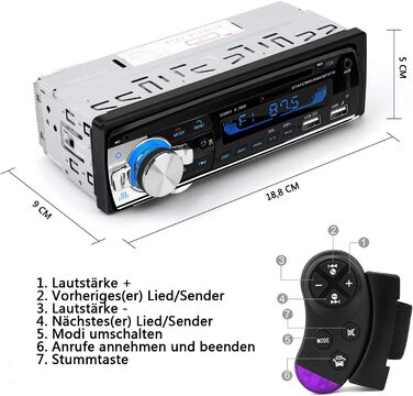 Автомобільна магнітола 1 DIN з Bluetooth, FM-радіо, MP3-плеєром, гучним зв'язком, керуванням на кермі, 2 USB для музики та зарядки
