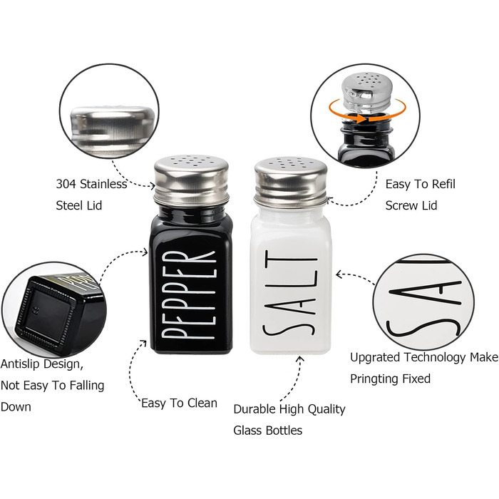 Farmhouse Salt and Pepper Shaker Set, Kitchen Decor, Glass Salt and Pepper Shaker Set, Cute Salt Shaker, Gift for Women, Wedding Decor, Grinding (Black and White)
