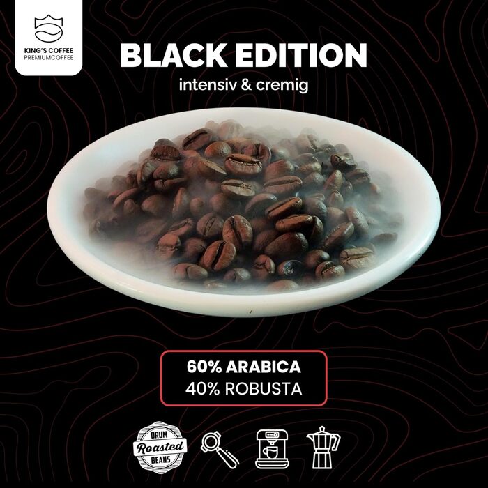 Кава в зернах King's Coffee Black Edition Crema Intense, міцна арабіка для автоматичних та ріжкових кавомашин, низька кислотність, обсмаження в Італії, 1 кг