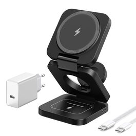 KU XIU Бездротова зарядна станція 3-в-1 MagSafe для iPhone 17/16/15/14/13/12, Apple Watch, AirPods. Складний зарядний пристрій для подорожей, чорний + адаптер