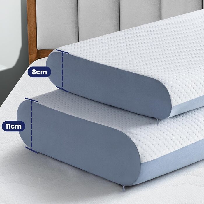 BedStory Pillow, Gel Memory Foam Pillow, Orthopedic Pillow, Visco Pillow, Neck Support Pillow with 2 Firmness Levels, Ergonomic Pillow with Washable Cover, 40x60x11cm, blue 40x60x11cm Blue