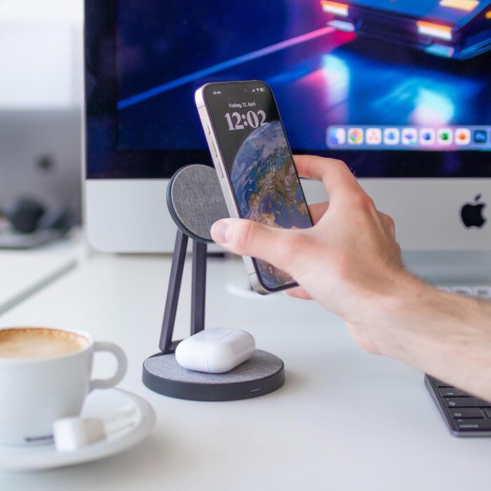 XLayer MagFix Pro 2-в-1 зарядний стан для Apple MagSafe: підставка та бездротовий зарядний пристрій для iPhone 16/15/14/13/12/11 Pro Max Plus, AirPods. Сумісний з MagSafe, магнітний, швидка зарядка. Кольори: сірий/білий (чорний)