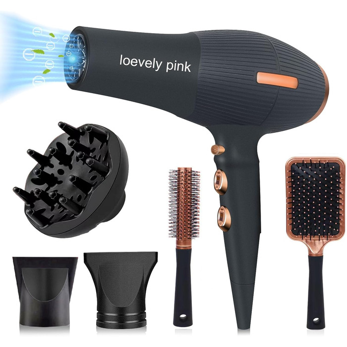 Професійний фен лоеvely рожевий 2400W з іонізацією та AC мотором, з насадкою-дифузором, 3 режими нагріву та 2 швидкості, для дому та салону