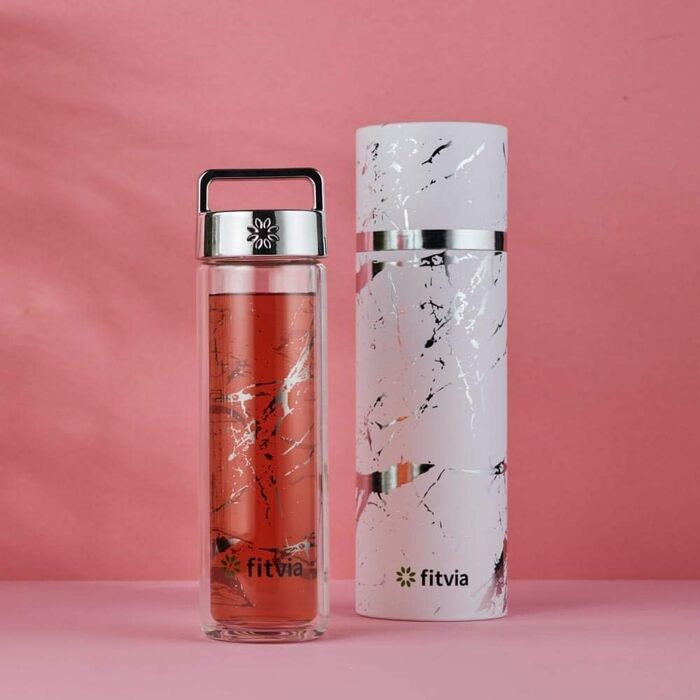 Термопляшка Fitvia Silver Marble 380 мл – термоізольований стакан з малюнком мармур, сито для чаю, зручна ручка