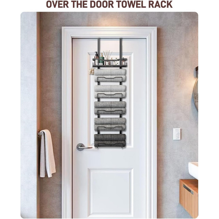 Настінний тримач для рушників у ванну кімнату, без свердління, 6-ступенева наддверна полиця для рушників, багаторівневий органайзер для рушників на двері, чорний, великий