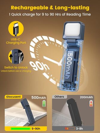 Ліхтар для читання Glocusent з кліпсою, таймером та 5 рівнями яскравості, сіро-блакитний - для книг у ліжку, USB-зарядка